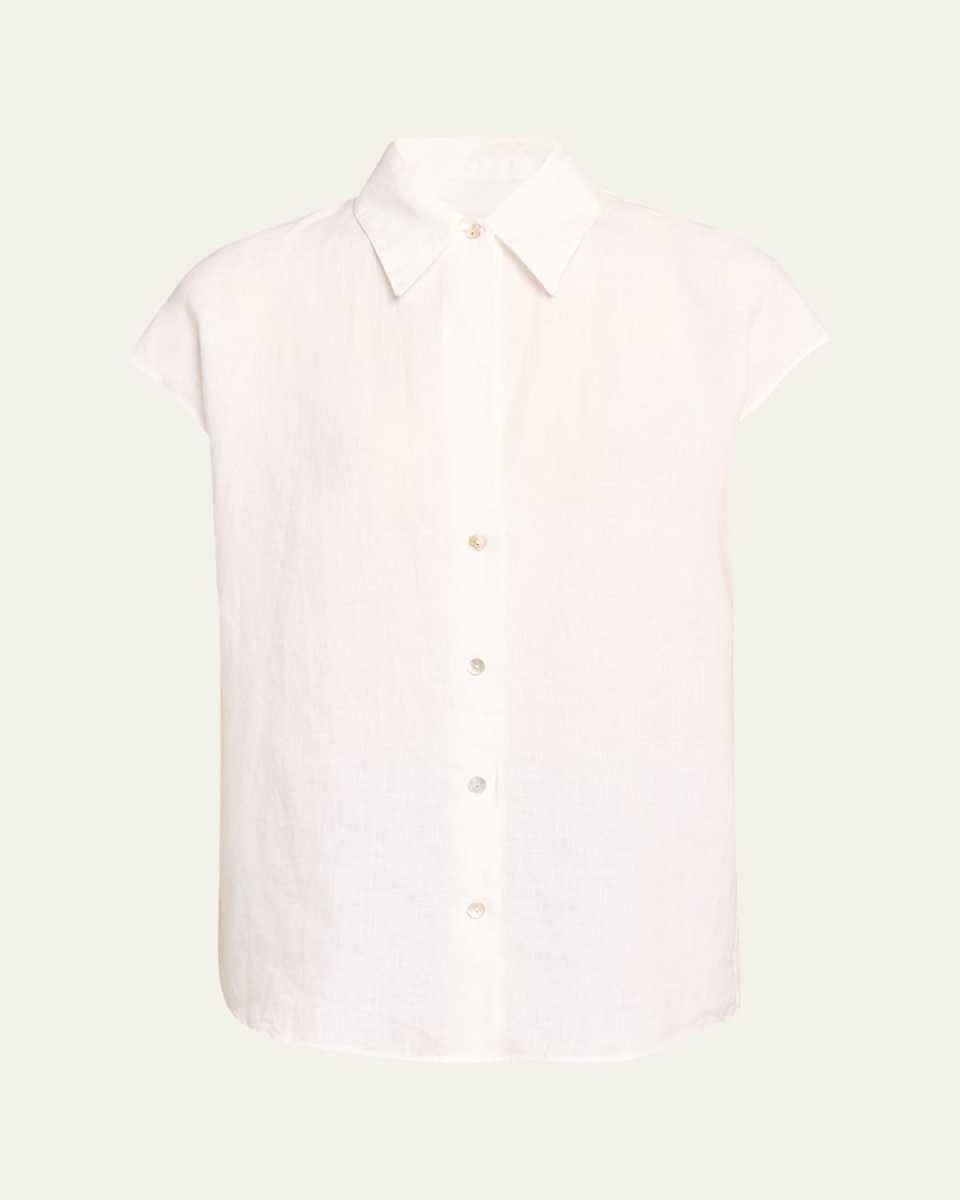 Cap-Sleeve Linen Button-Front Blouse