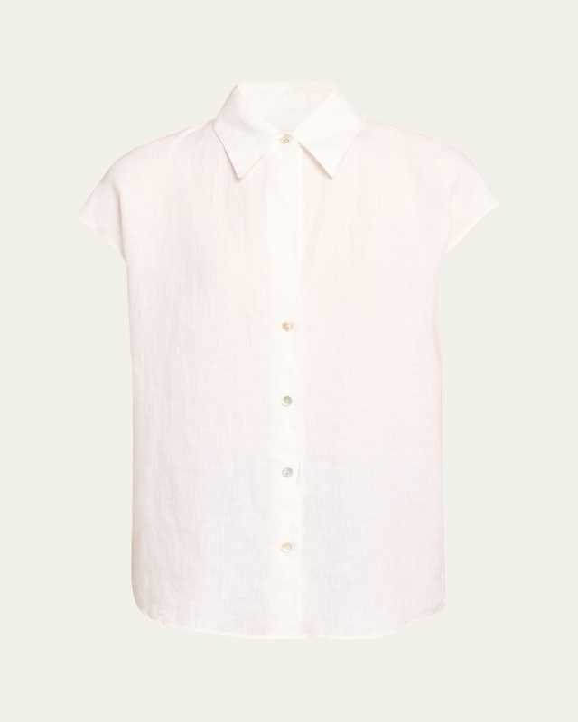 Cap-Sleeve Linen Button-Front Blouse