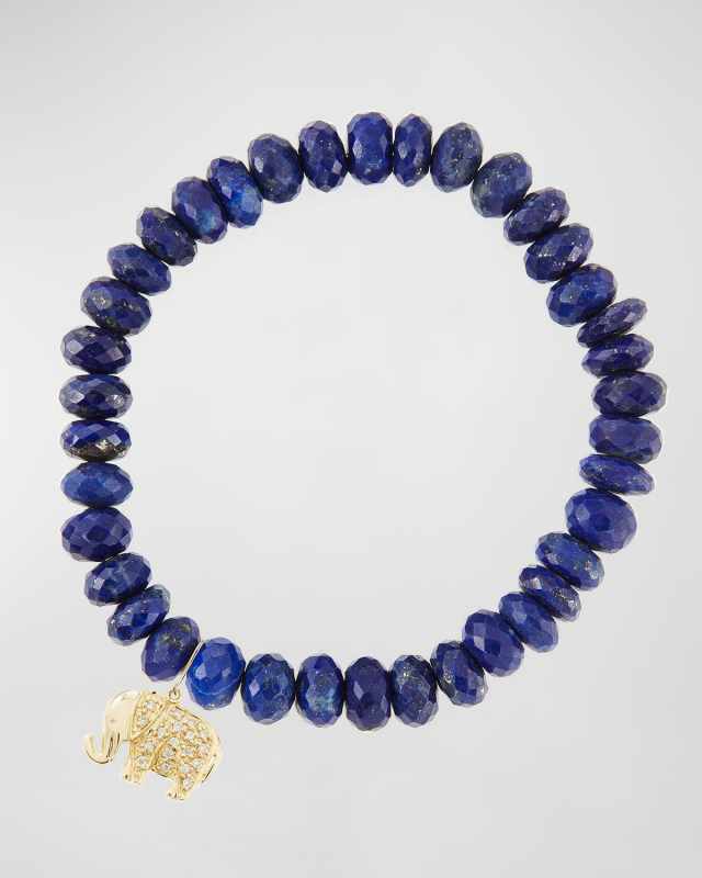8mm Faceted Lapis Beaded Bracelet with 14k Gold/Diamond Small Elephant Charm