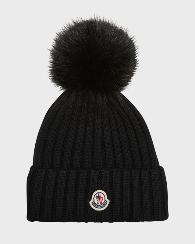 Ribbed Wool Beanie with Faux Fur Pom