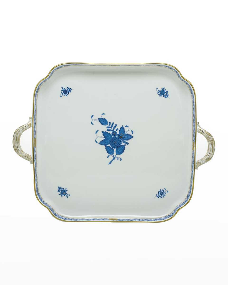 Chinese Bouquet Blue Square Tray with Handles