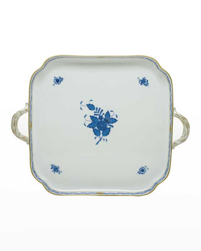 Chinese Bouquet Blue Square Tray with Handles