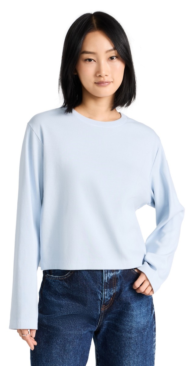 Enza Costa Supima Knit Boxy Long Sleeve Crew Top Powder Blue