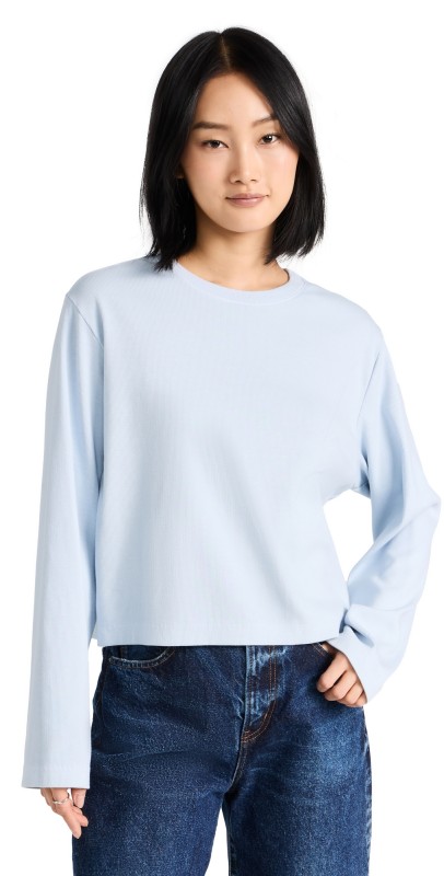 Enza Costa Supima Knit Boxy Long Sleeve Crew Top Powder Blue
