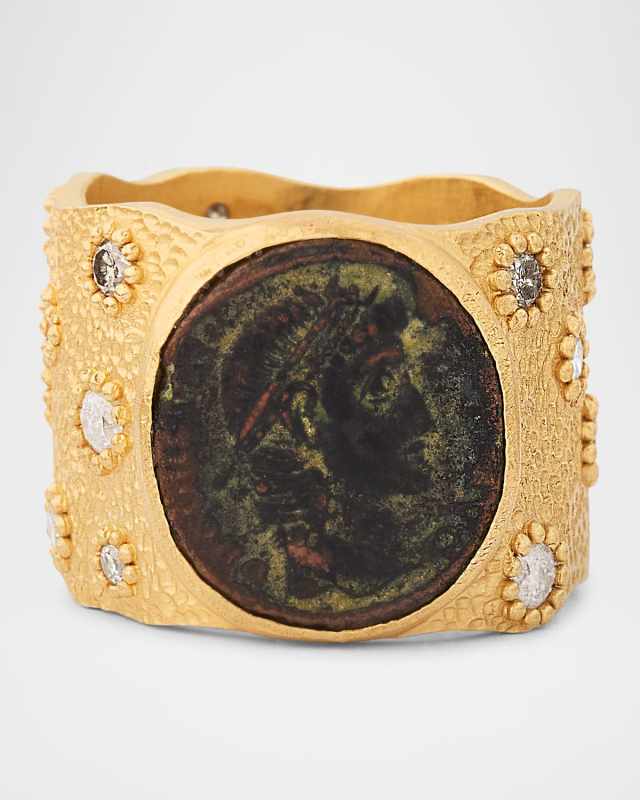 20K Rose Gold Coin Band Ring with Diamonds, Size