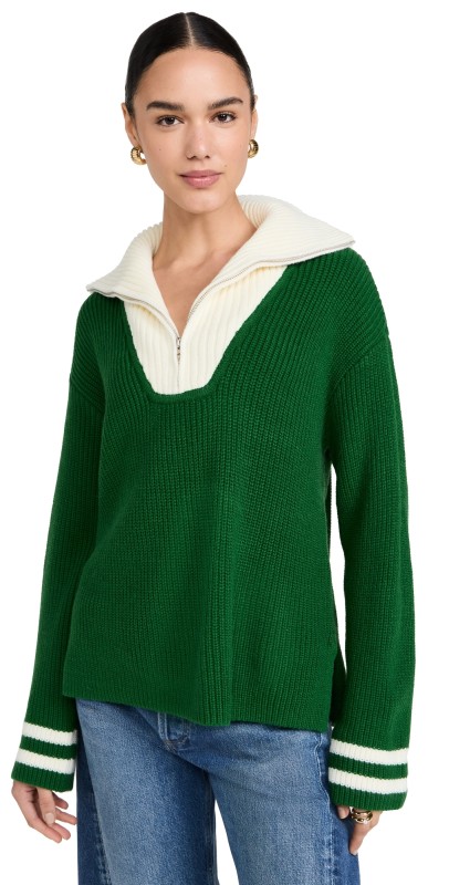 English Factory Stripe Knitted Half Zip Up Sweater Dark Green/White