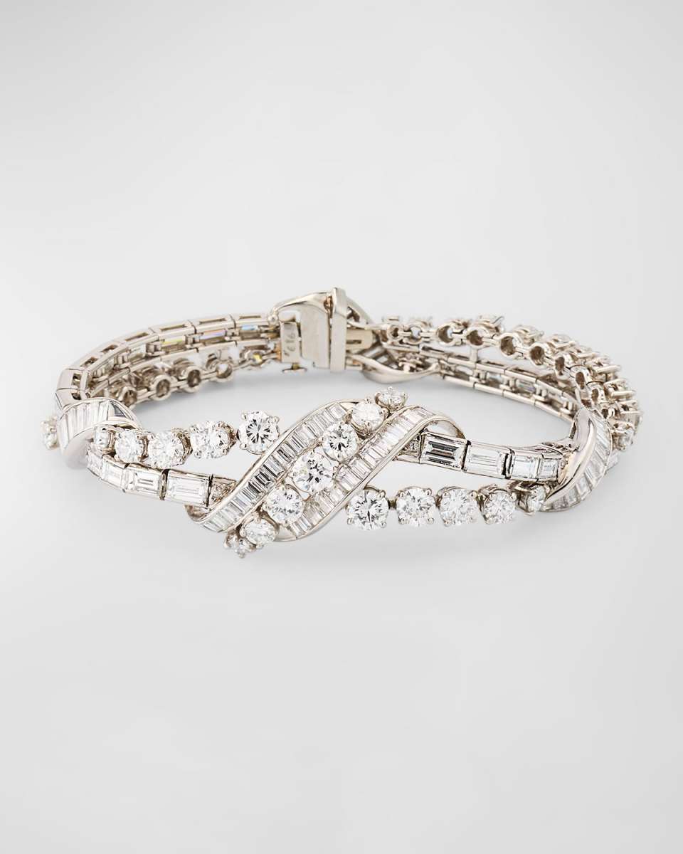 Estate Platinum Baguette and Round Diamond 2-Row Flexible Woven Bracelet