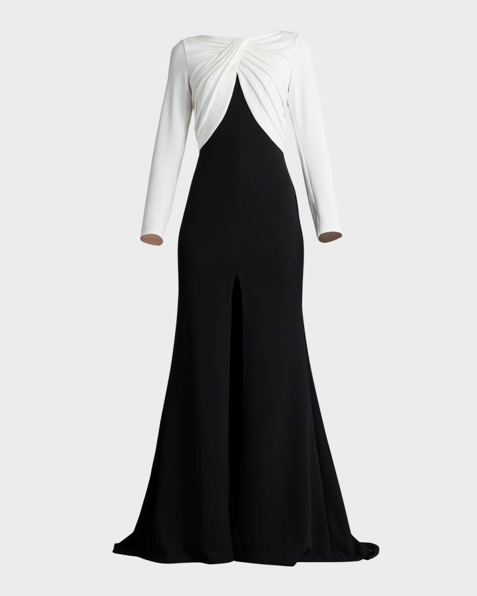 Pleated Two-Tone Crepe Trumpet Gown