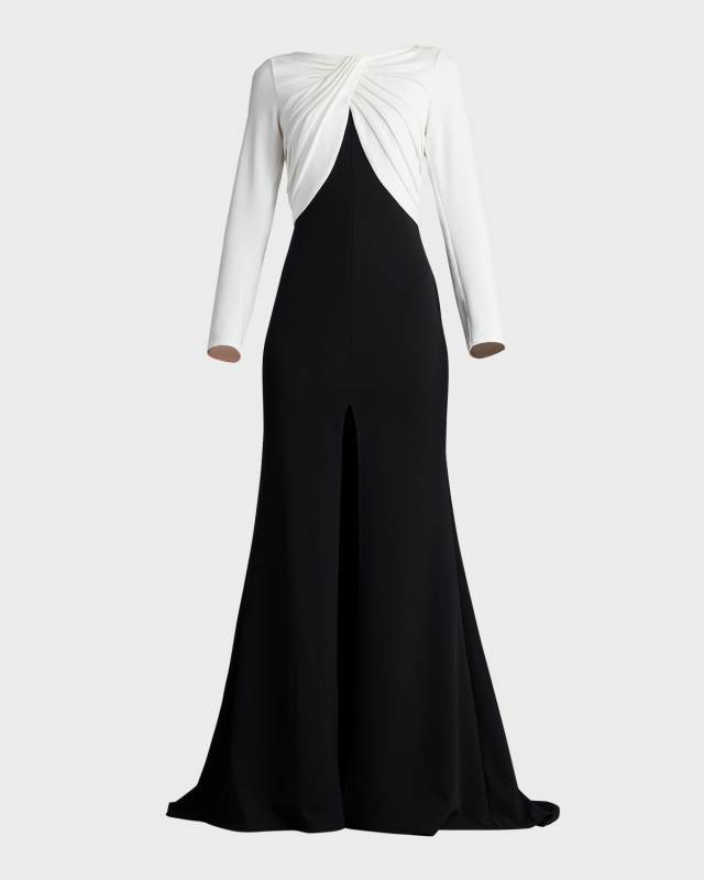 Pleated Two-Tone Crepe Trumpet Gown