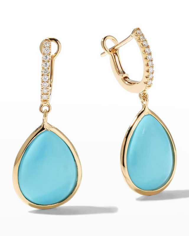 Yellow Gold Small Pear-Shaped Luna Turquoise Earrings with Diamonds