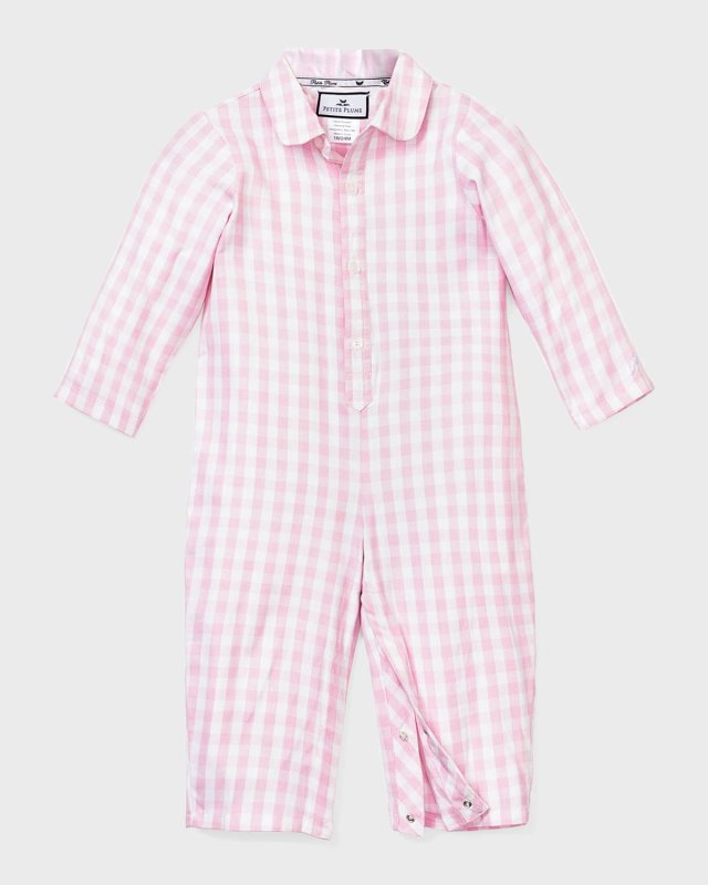 Girl's Short-Sleeve Gingham Romper, Size Newborn-24M