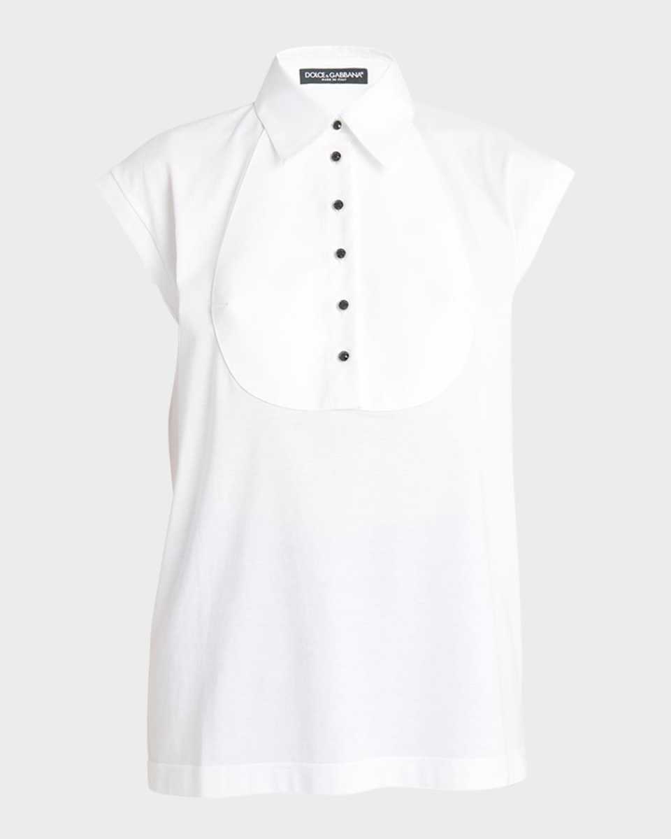 Piquet-Bib Cap-Sleeve Collared Shirt