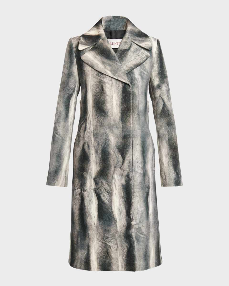 Printed Faux Fur Double-Breasted Belted Wool Coat