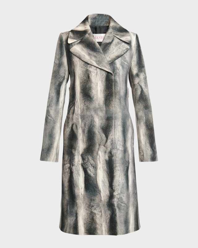 Printed Faux Fur Double-Breasted Belted Wool Coat