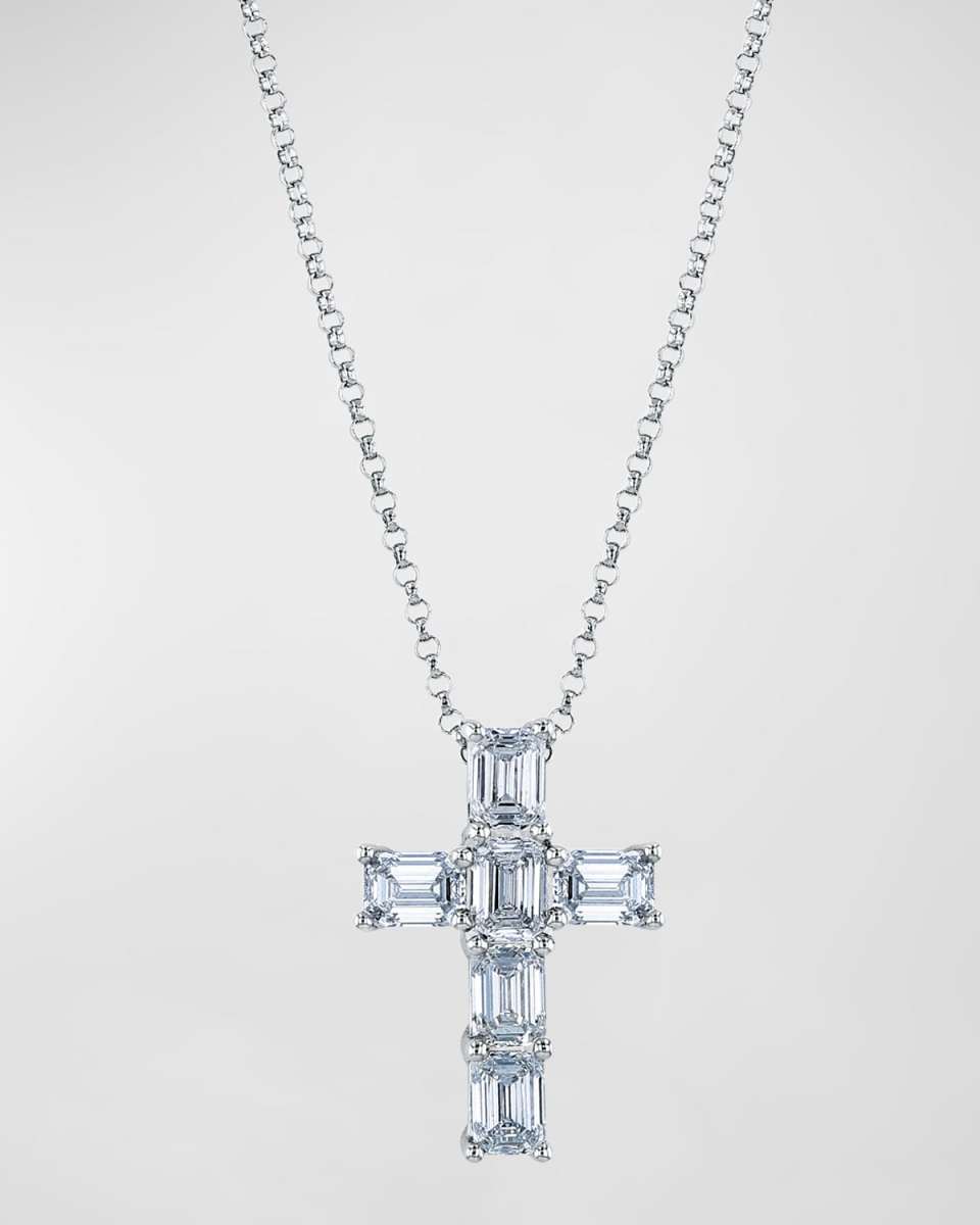 18K Gold 6-Stone Shared Prong Emerald Cut Diamond Cross Necklace, 16"L, 1.50tcw