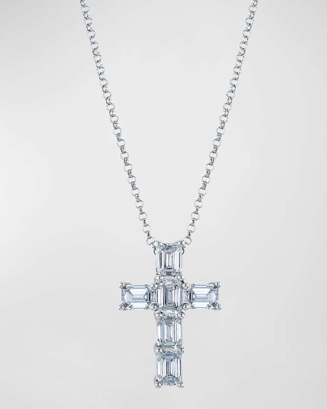 18K Gold 6-Stone Shared Prong Emerald Cut Diamond Cross Necklace, 16"L, 1.50tcw