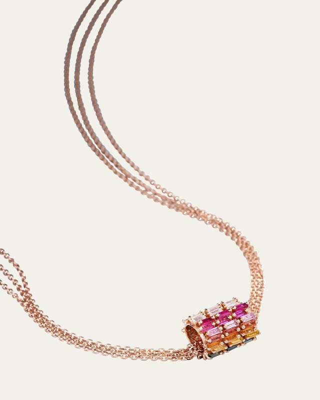 18K Rose Gold 3-Row Drop Diamond Baguette and Rainbow Sapphire Necklace