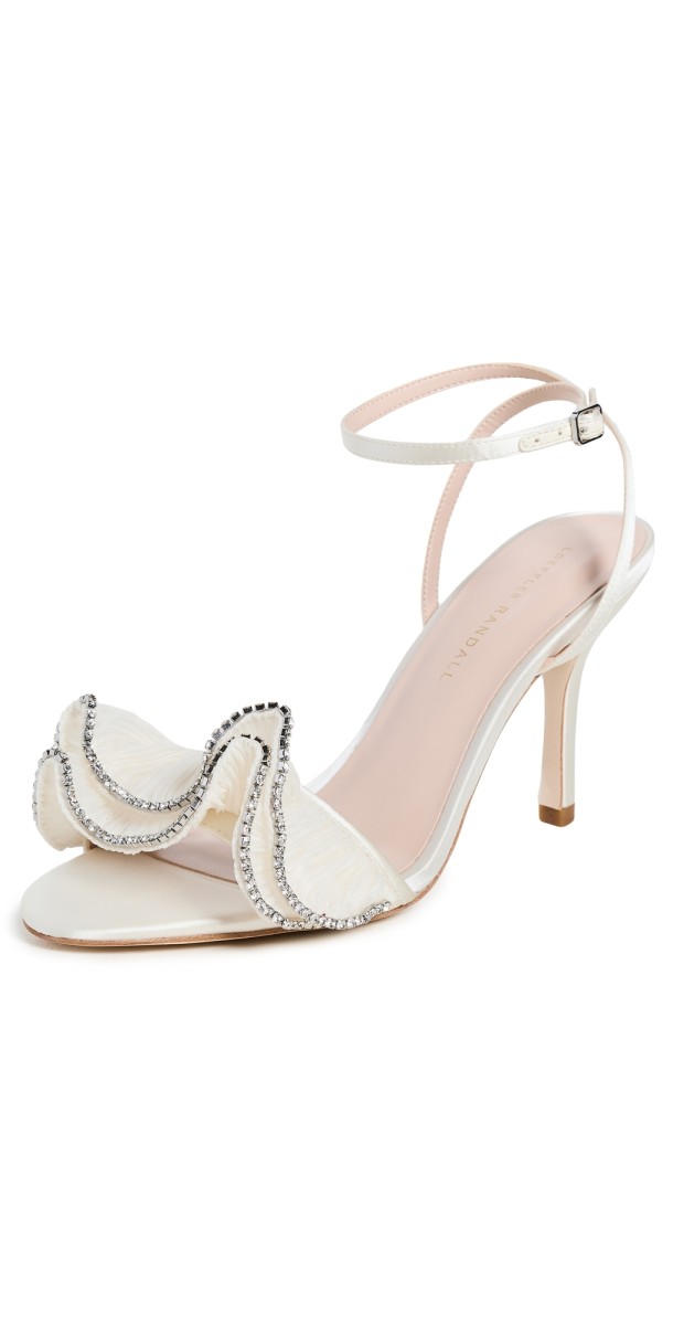 Loeffler Randall Estella Pleated Ruffle High Heel Sandals with Ankle Strap Pearl/Rhinestone