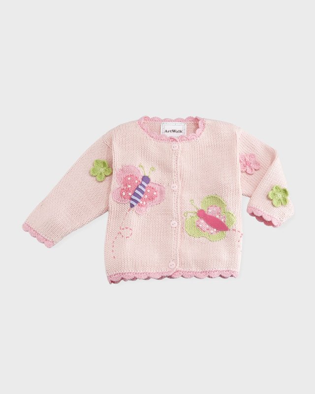 Butterflies Cotton Button-Front Sweater, Pink, Size 6-