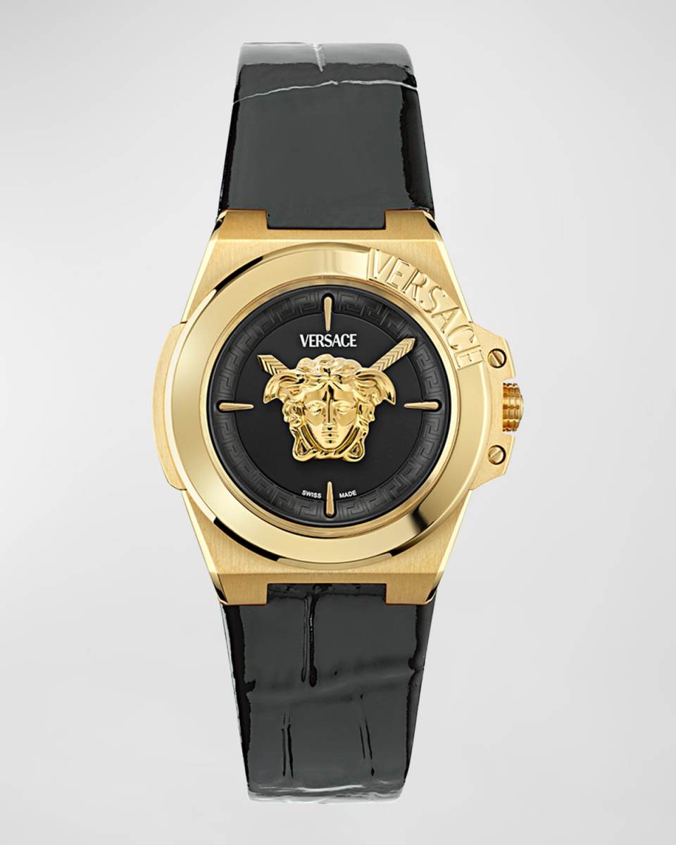 37mm Versace Hera Watch with Calf Leather Strap, Yellow Gold/Black