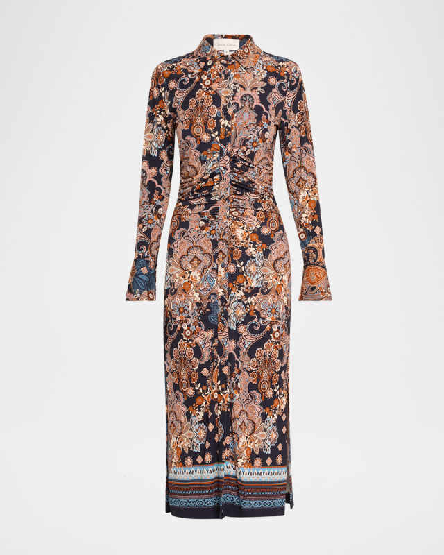 Shirley Ruched Paisley-Print Midi Shirtdress