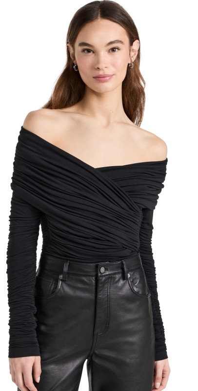 Sergio Hudson Ruched Off Shoulder Thong Bodysuit Black