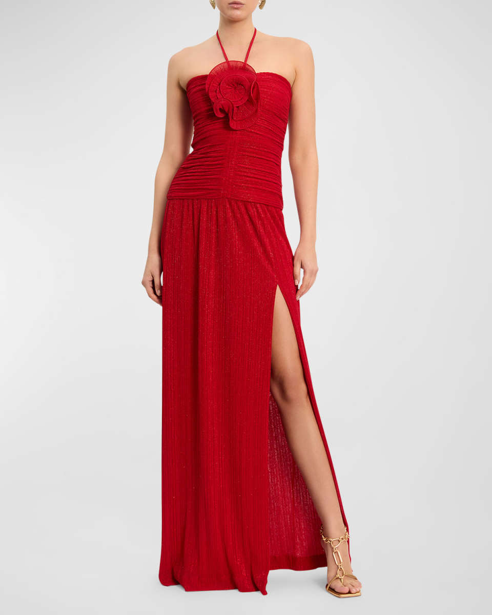 Samantha Side-Slit Shimmer Halter Gown