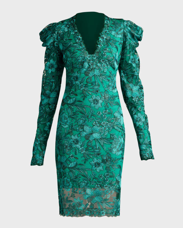 Floral-Embroidered Ruffle Bodycon Dress