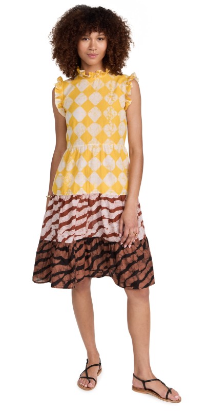 Studio 189 Cotton Voile Ruffle Sleeveless Dress Brown & Yellow