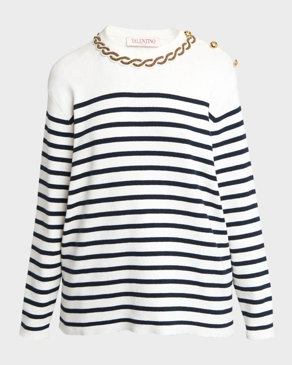 Beaded Button-Shoulder Striped Sweat