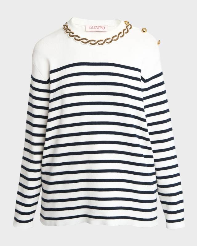 Beaded Button-Shoulder Striped Sweat
