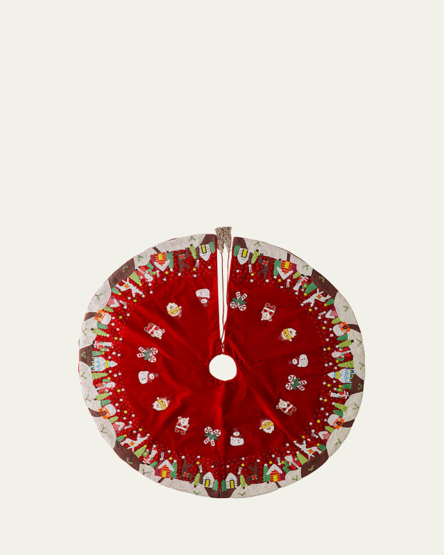60" Velvet Beaded Christmas Scene Tree Skirt