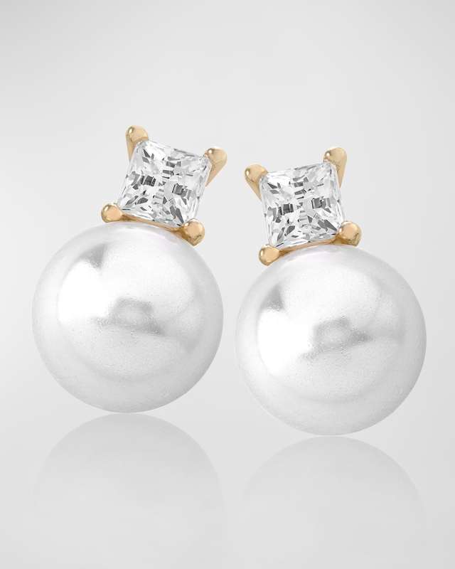 Selene Square Cubic Zirconia and Pearl Omega Earrings