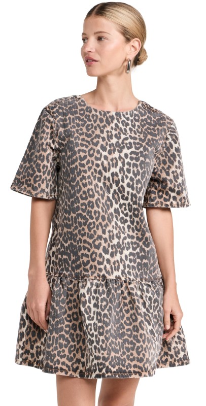 GANNI Print Denim Open Back Mini Dress Leopard