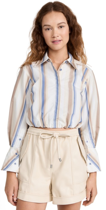 SIMKHAI Blythe Stripe Cropped Button Up Shirt Nougat Stripe