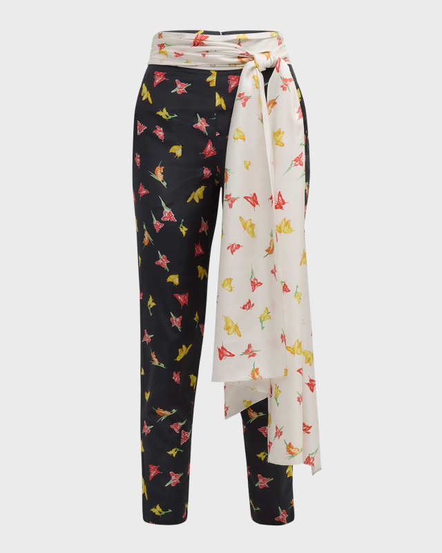 Dante Butterfly-Print Cummerbund Slim-Leg Ankle Satin Pants
