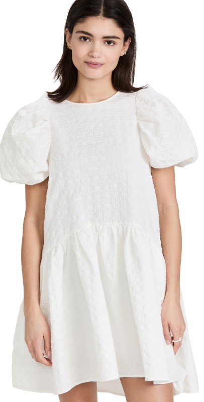 English Factory Back Tie Jacquard Puff Dress White