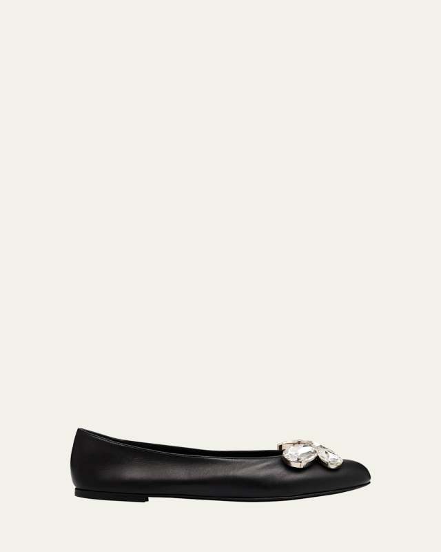 Leather Crystal Bow Ballerina Flats