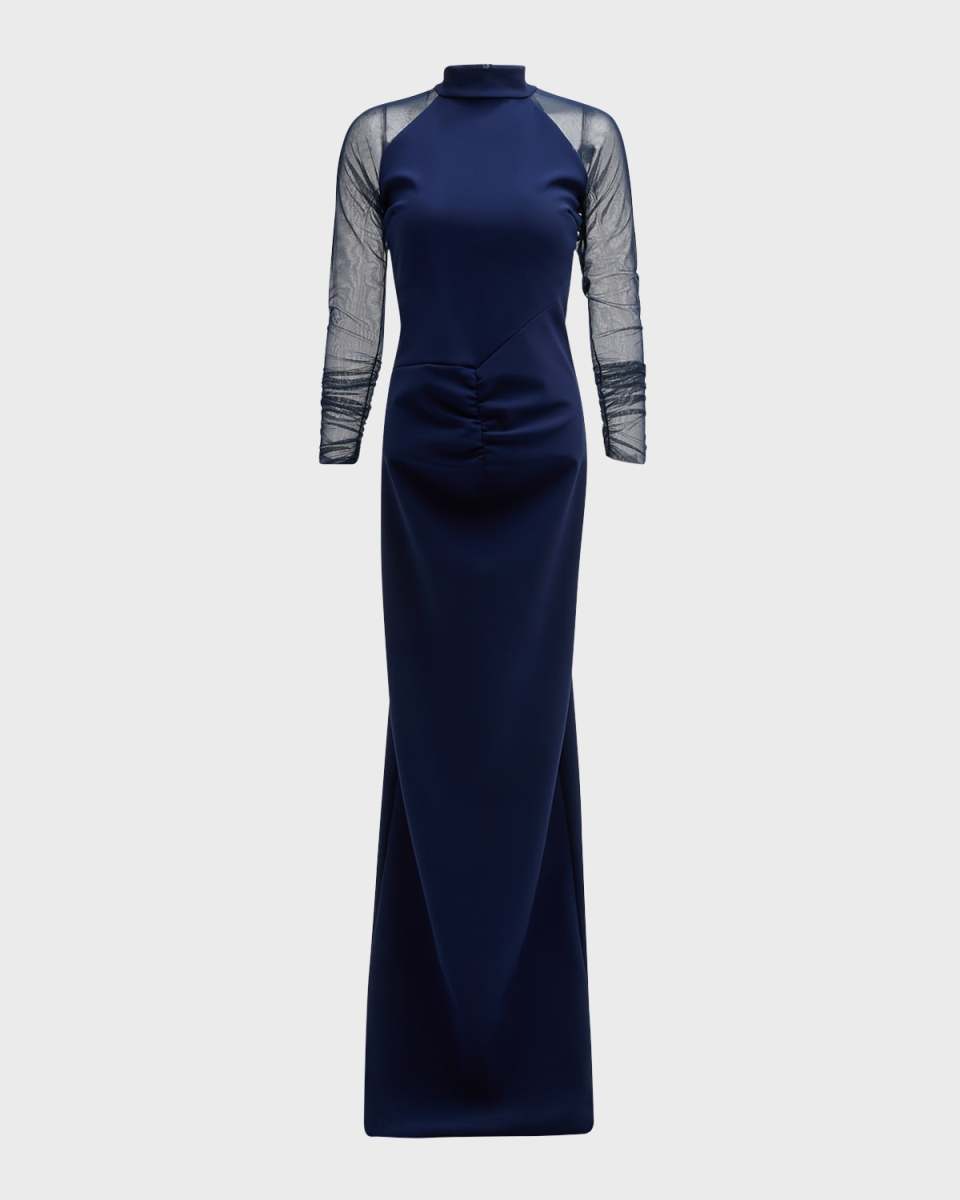 Ruched Illusion-Sleeve Column Gown