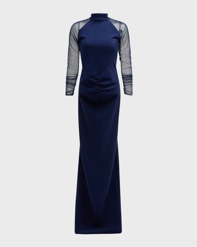 Ruched Illusion-Sleeve Column Gown