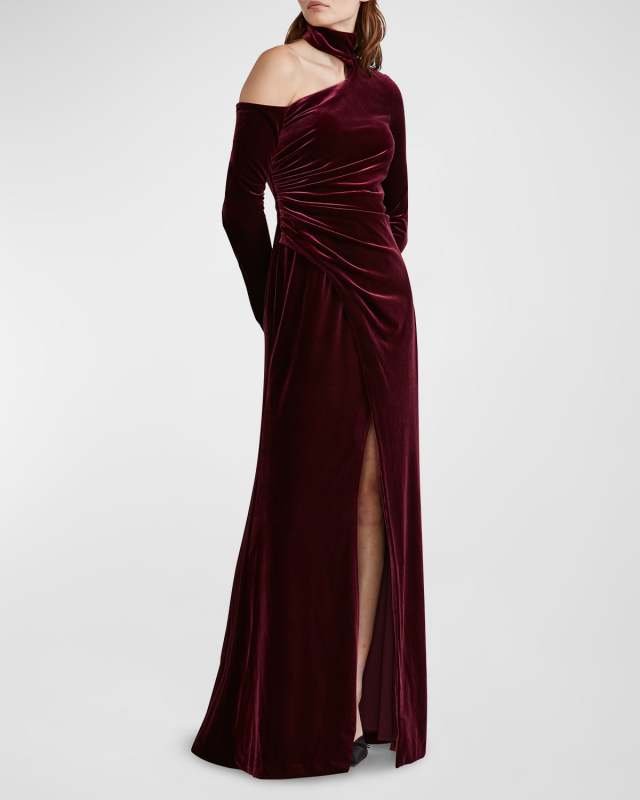 Asymmetric Long-Sleeve Mock-Neck Velvet Dress