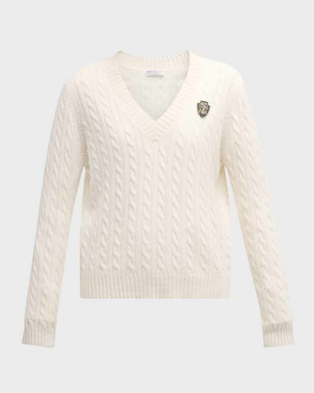 Cashmere Cable-Knit Sweater with Crest Embroidery