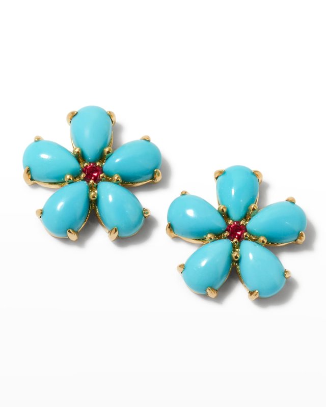 Small Turquoise Petal Button Earrings with Rubies