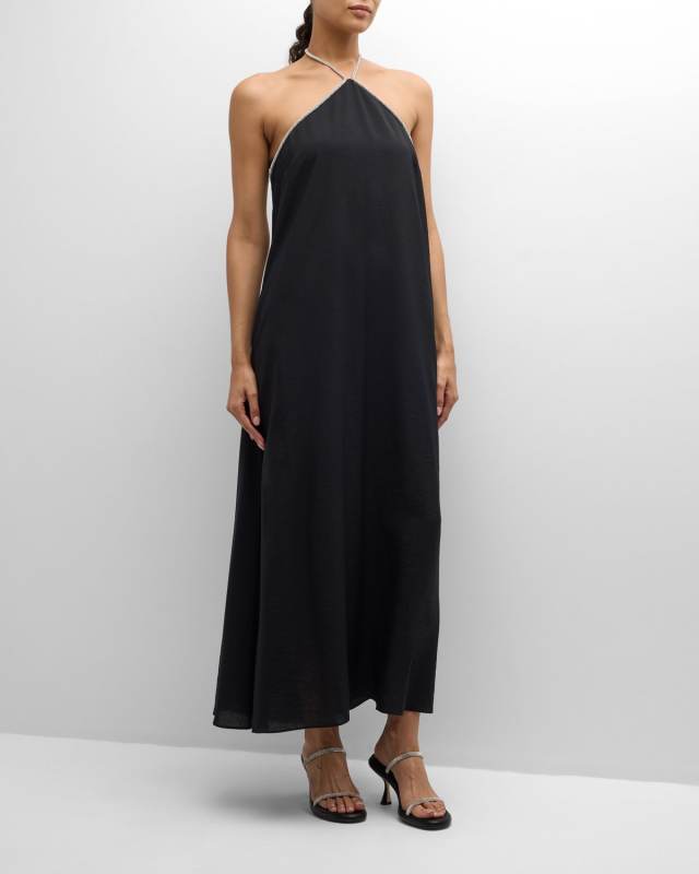 Onyx Crystal Trim Halter Maxi Dress
