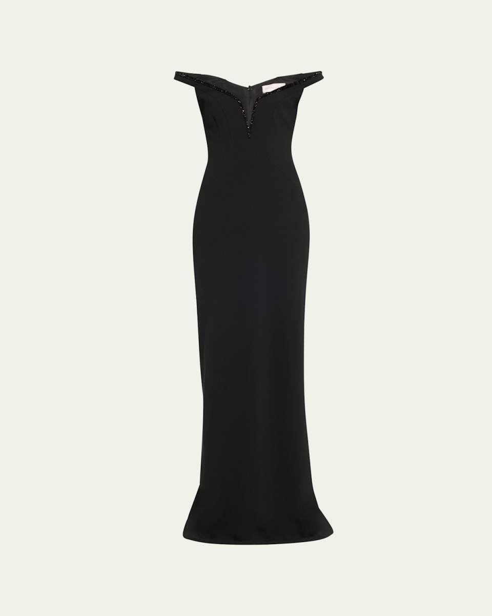 Crystal Off-The-Shoulder Crepe Gown