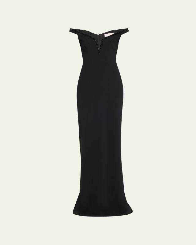 Crystal Off-The-Shoulder Crepe Gown