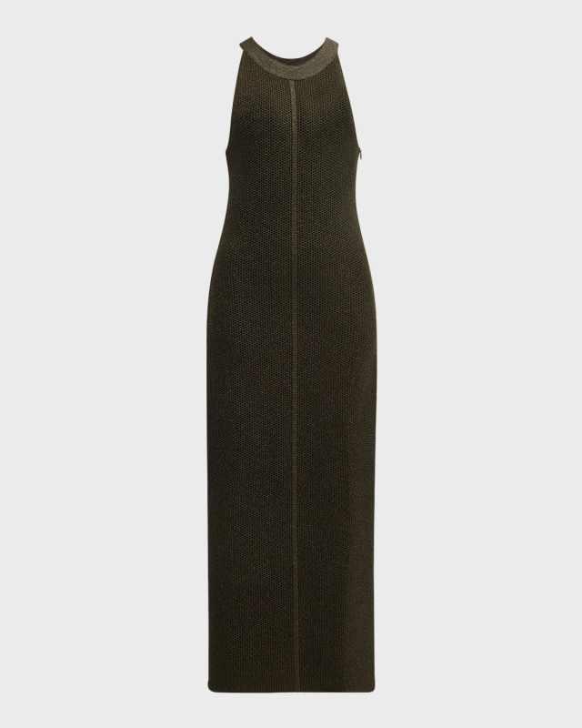 Metallic Mesh Knit Halter Midi Dress