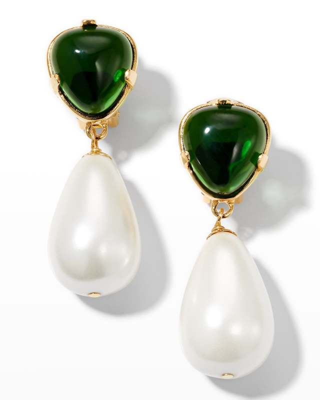 Emerald Top with Pearly Drop Clip Earrings