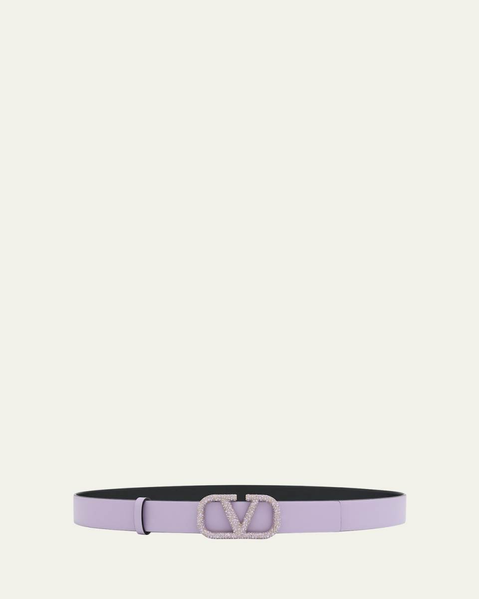 Embellished V-Logo Reversible Leather Belt