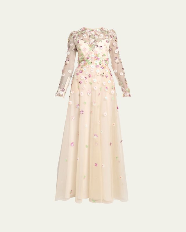 Long Floral Applique Tulle Dress